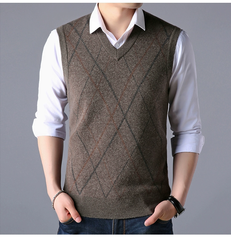 Thương hiệu nam cổ chữ V dày cashmere áo thun không tay vest vest áo len đan vest công sở nam