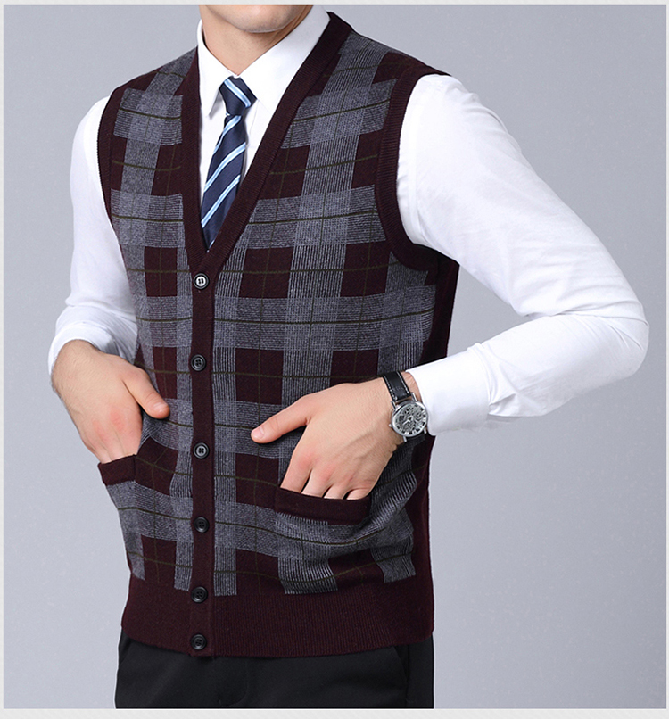 Thu đông nam thương hiệu V-cổ nam trung niên kẻ sọc len vest vest áo len dày vest áo vest nam thời trang