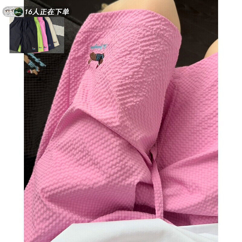 Pink Dopamine Bubble Gauze Shorts for Men, Dachshund Embroidery, Five-Point Shorts, Couple Beach Quick-Dry Casual Pants