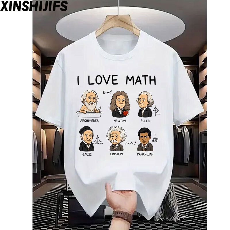 I Love Math Retro Fun Mathematician Print Short-Sleeved T-Shirt for Men and Women Pure Cotton Round Neck Top Versatile for Summer