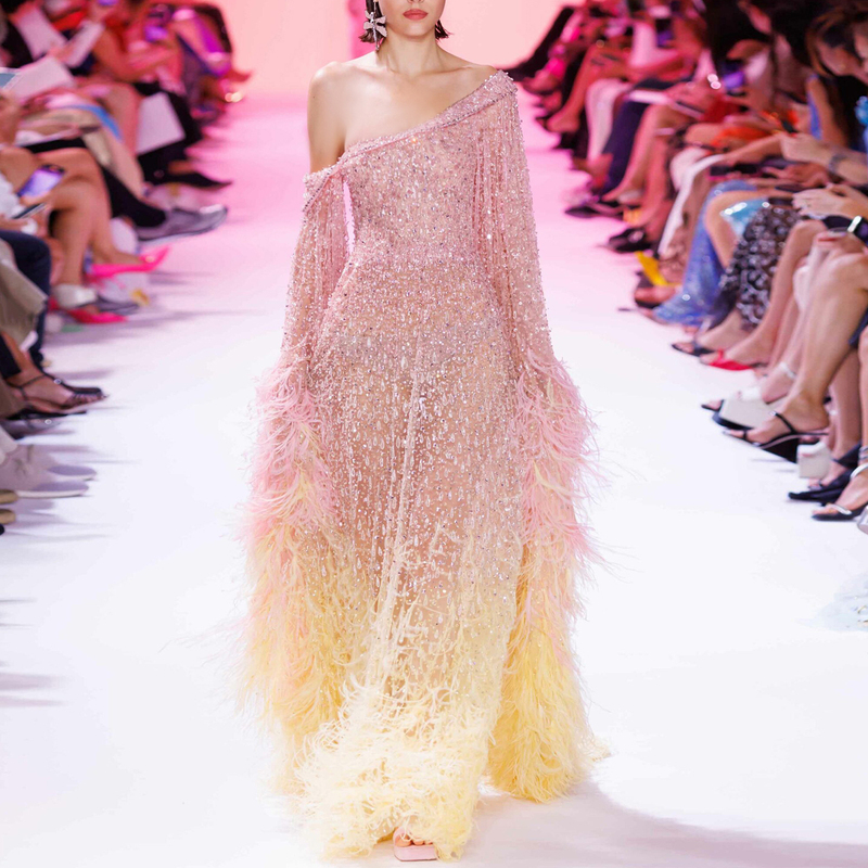 Sharon Said Rose Gold Heavy-Duty Feather One-Shoulder Evening Dress Banquet Cocktail Party Runway Performance Costume for Women Ss438