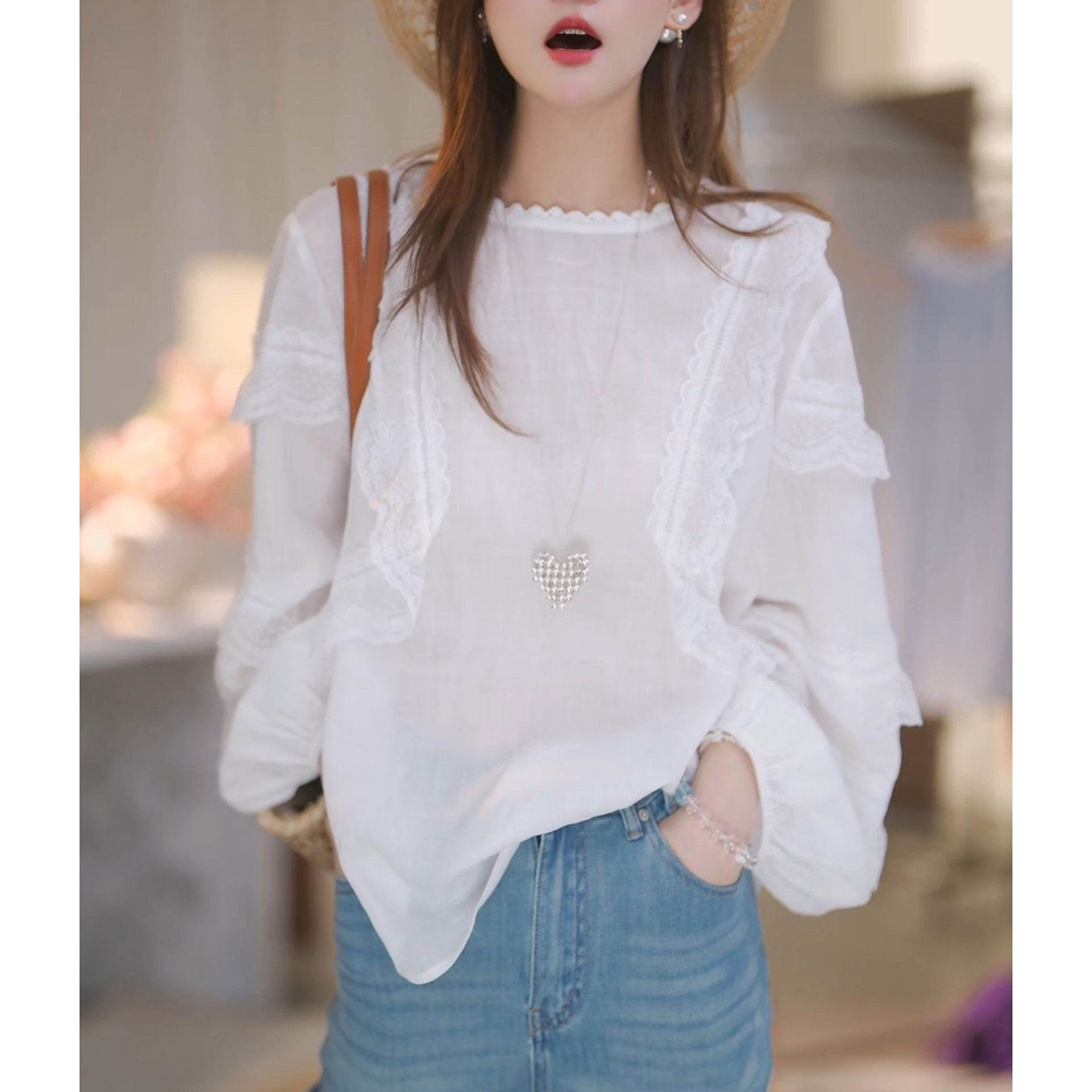 2026夏季新款时尚洋气休闲宽松显瘦衬衫设计感拼接蕾丝防晒小衫女