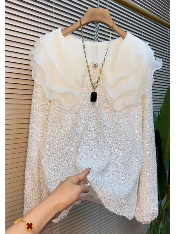 2026 Spring New Fashion Doll Collar Sequin Shirt for Women, Loose Fit, Slimming, French Style, Lace Blouse 2026 Spring New Fashion Doll Collar Sequin Shirt for Women, Loose Fit, Slimming, French Style, Lace Blouse
