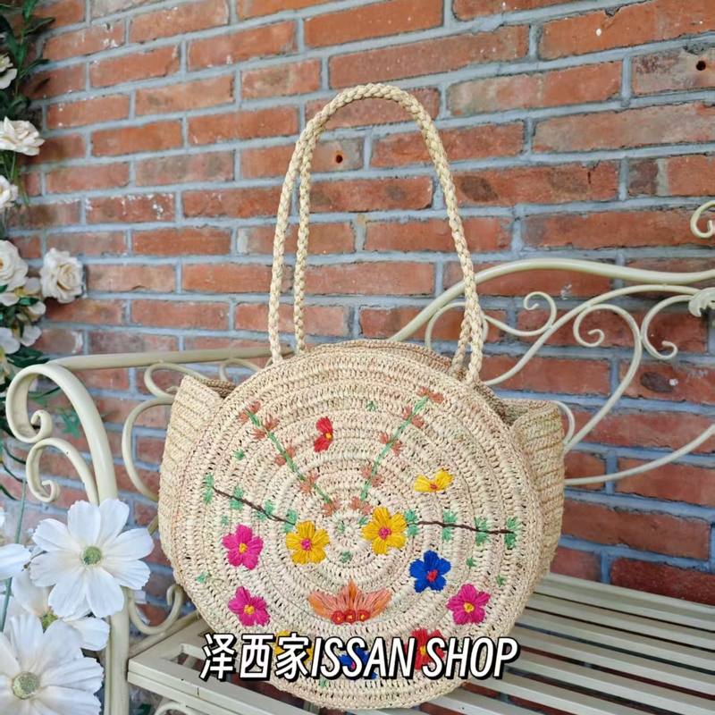 French Retro Niche Floral Embroidered Single-Shoulder Straw Bag Summer Handmade Raffia Round Bag Beach Woven Bag