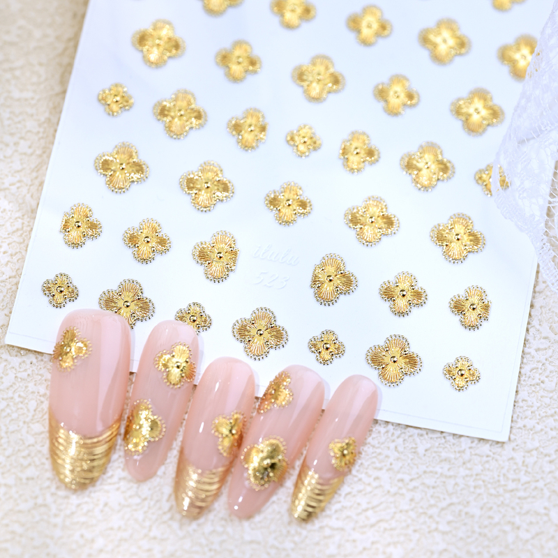 2026 Hot Stamping Three-Dimensional Clover Flower Nail Art Stickers Classic Fairy Style Embossed Four-Leaf Silver Nail Decals 2026 Hot Stamping Three-Dimensional Clover Flower Nail Art Stickers Classic Fairy Style Embossed Four-Leaf Silver Nail Decals