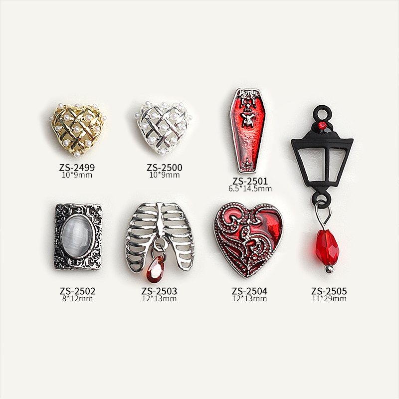 Halloween Retro Rib Pendant Metal Nail Art Accessories Dark Gothic Red Coffin Pearl Antique Lamp Nail Decoration