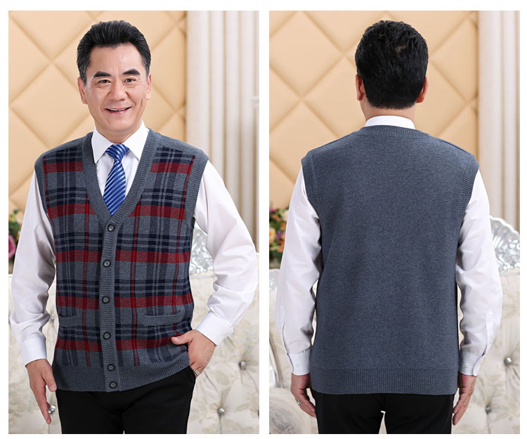 Cũ tóc vest dày của nam giới cardigan trung niên v-cổ len vest cộng với phân bón để tăng vest đan len vest