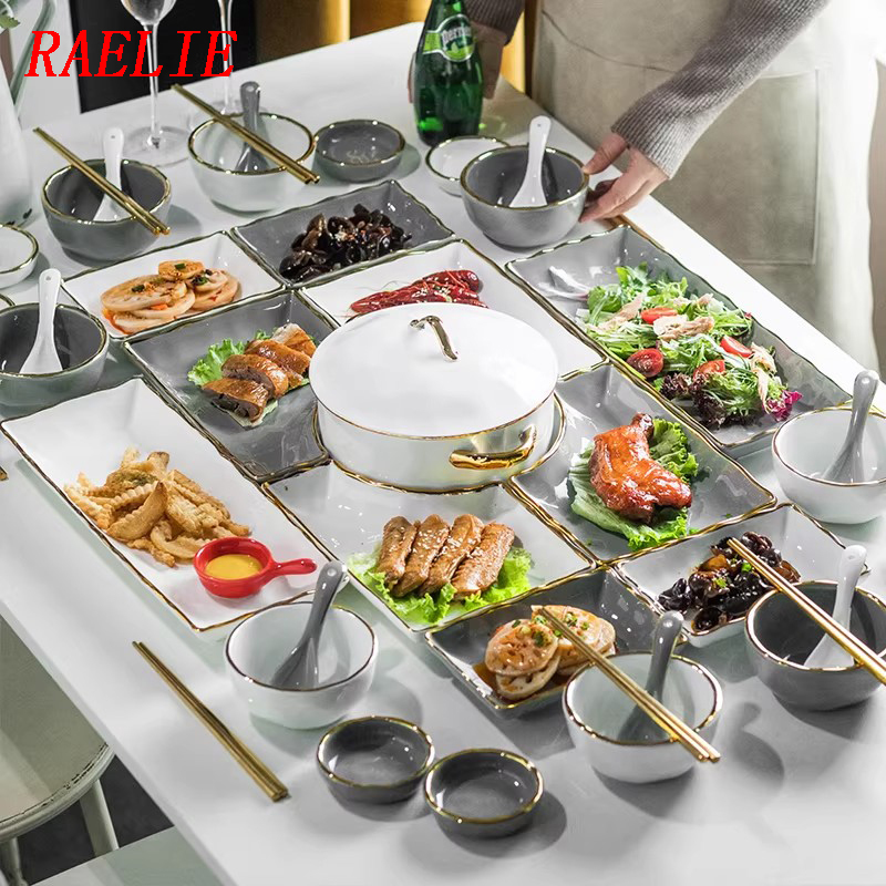 Raelie Bowl and Plate Set, High-End Ceramic Tableware Set for Home Use, New Light Luxury Japanese-Style Bowls and Chopsticks for Housewarming