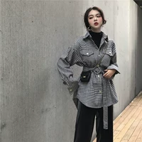 Phiên bản Hàn Quốc của gió lười chic chic eo kẻ sọc áo len nữ mùa thu đông 2018 áo khoác dài houndstooth mới áo khoác măng tô nữ dáng dài