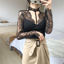 Autumn and winter New Base shirt neck V neck lace shirt casual foreign style long sleeve short slim chic top women