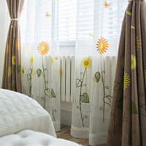 Modern simple fresh style embroidered sunflower butterfly window screen natural living room bedroom window gauze custom