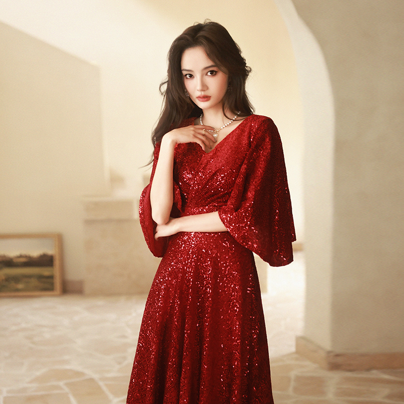 Plus-Size Toast Dress for Chubby Women, French Velvet Sequin Slimming Bride Wedding Chorus Dress, Maternity Belly-Covering Engagement Dress