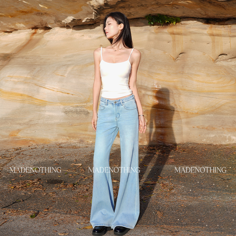 Made Nothing Mr001 Ice Blue Flare High-Waisted Washed Stretch Flared Floor-Length Jeans for Women