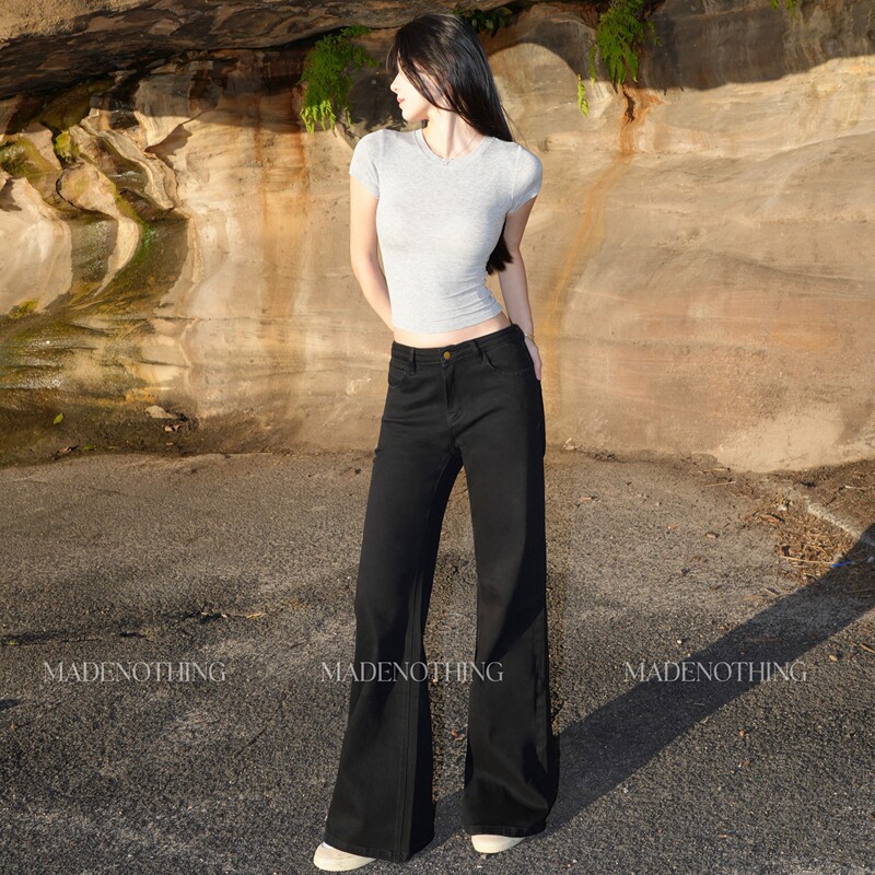 Made Nothing Mid-Waist Mr001 Classic Black Flare European and American Style Slightly Flared Stretch Floor-Length Jeans for Women