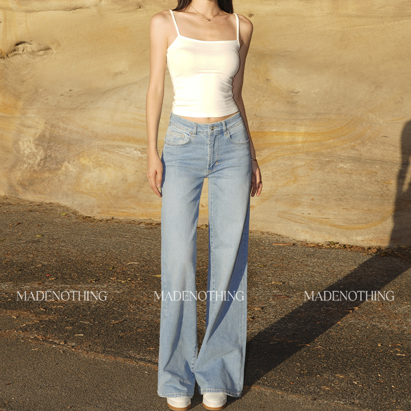 Made Nothing Mr015 Light Blue Straight Elastic Mid-Waist Straight-Leg Floor-Length Jeans for Women