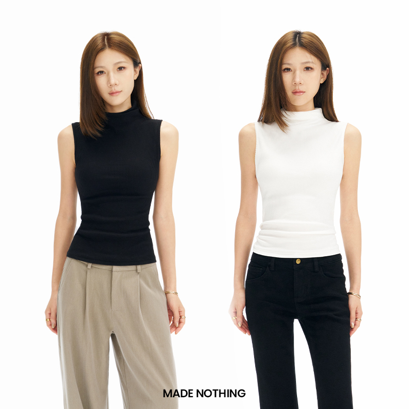 Made Nothing 95 Cotton Half Turtleneck Top 6.0 Elastic Lapel Sleeveless Pure Color Knitted Vest for Women