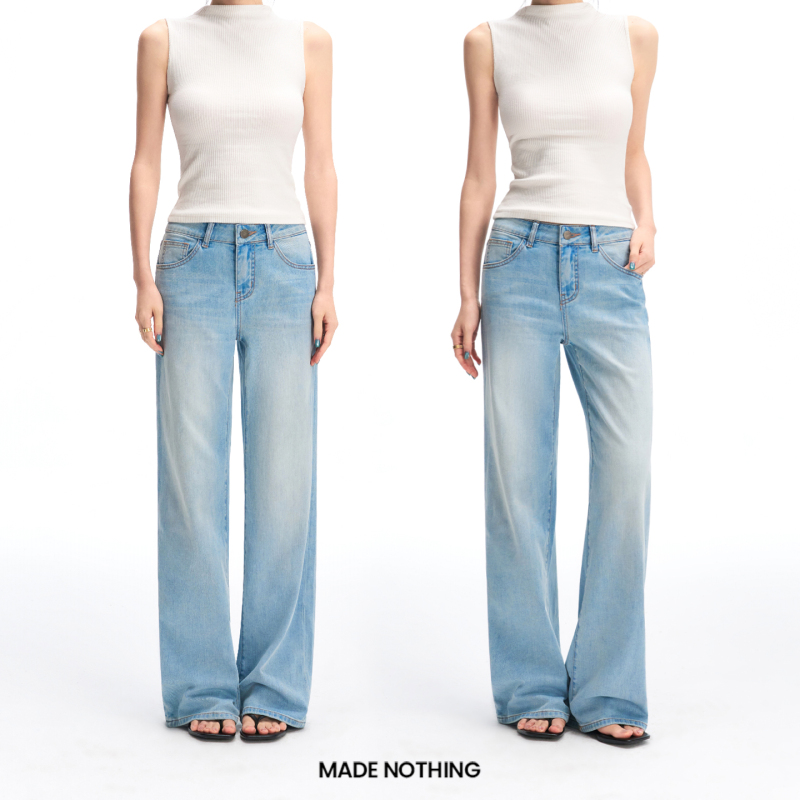 Made Nothing Linen Lyocell Sl050 Mid-Low Waist Straight Stretch Straight-Leg Jeans for Women Made Nothing Linen Lyocell Sl050 Mid-Low Waist Straight Stretch Straight-Leg Jeans for Women