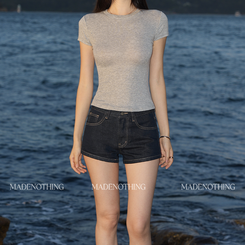 Made Nothing Ss001 Classic Denim Original Color Washed Hip-Hugging Mid-Waist Stretch Denim Shorts Hot Pants for Women