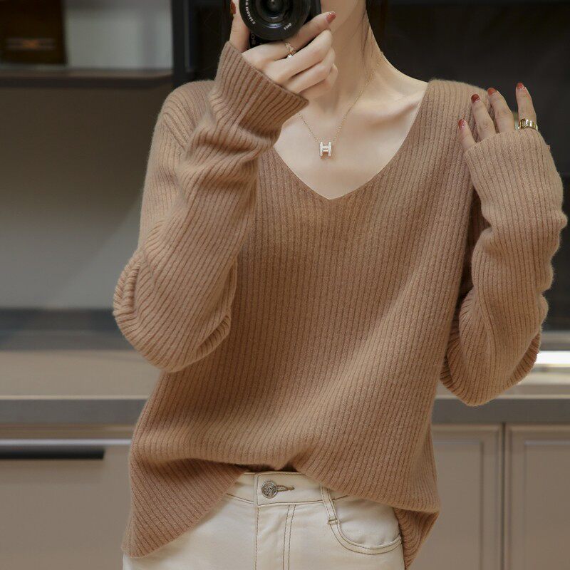 100% pure cashmere sweatshirt woman double V collar loose undershirt autumn winter new long sleeve head sweater short-knitted sweatshirt-Taobao