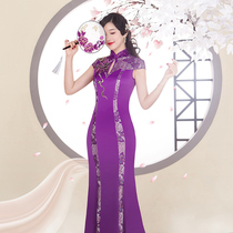 High-end long fishtail cheongsam 2021 new improved niche high-end catwalk young waist performance dress