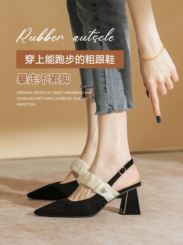 Черные летние элитные сандалии на высоком каблуке с заостренным носом, французский стиль