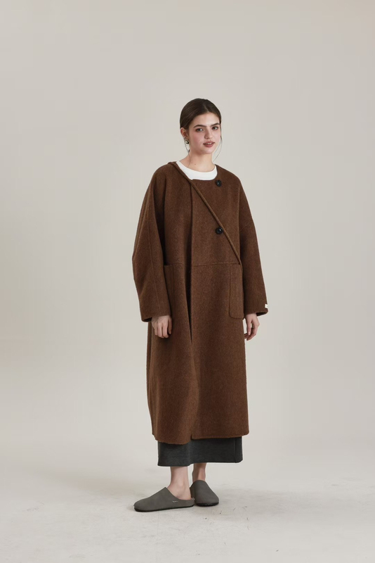 2026 Autumn and Winter New High-Quality Korean-Style Round-Neck Double-Sided Wool Coat with Yak Wool Long Coat and Matching Bag for Women