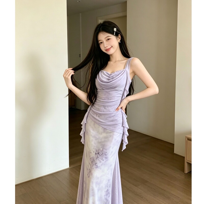 Purple Clouds and Smoke French Retro Style Elegant Dress with Asymmetrical Neckline and Gentle Purple Design Summer 2026