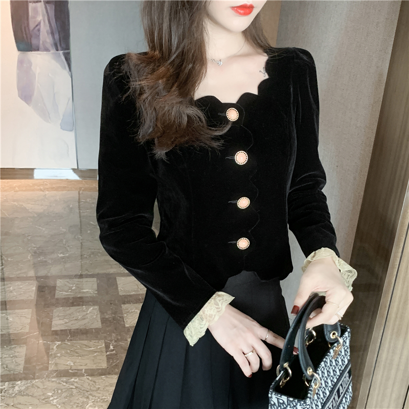 Fan-style small fragrant wind short style jacket female high waist court Imperial Court Wind Temperament Golden Velvet Blouse Design Sensation niche shirt cooked