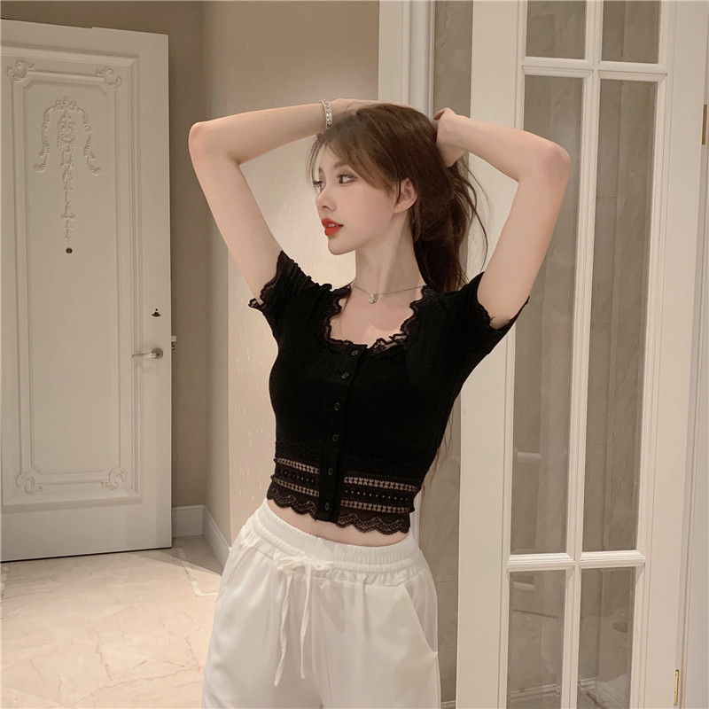 Black lace high waist short umbilical top women's watch out for machine summer sexy square collar ice silk sweater short sleeve t-shirt