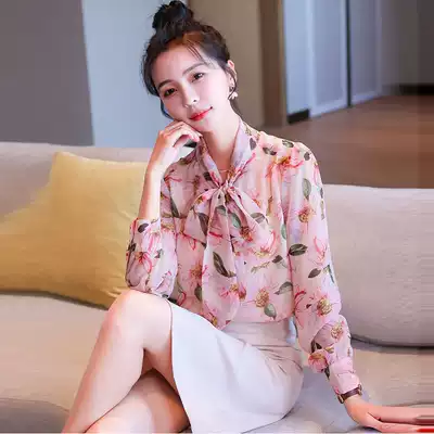 Bow flower top women long sleeve 2021 Spring and Autumn New loose belly belly chiffon shirt foreign pie small shirt wear