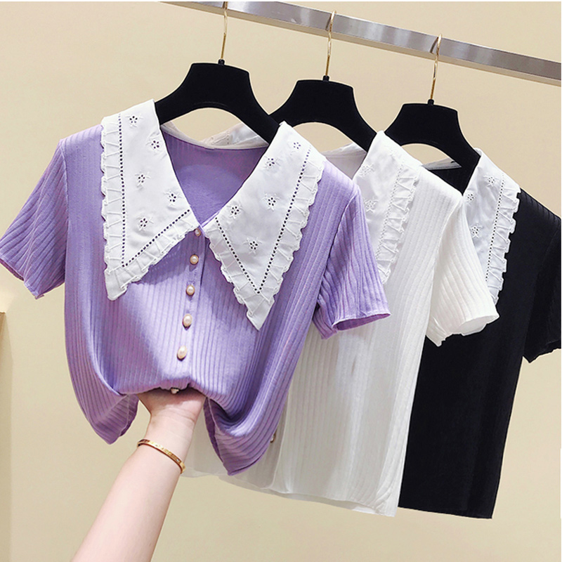 Large size dress Purple Ice Silk Needlenitwear Doll Collar Blouse micro Fat mm Belly Button Slim Loose Short Sleeve T Shirt Woman