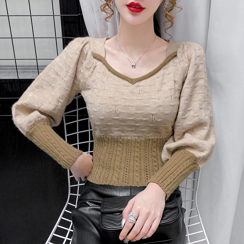 Cashew V collar sweater outside wearing Korean version 100 lap 2020 new autumn and winter long sleeves Short-style clothing Coloured upper clothes