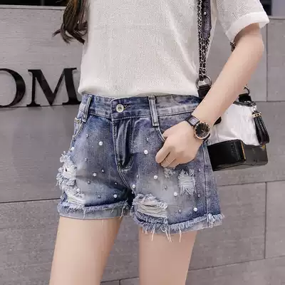 European station high waist hole denim shorts women's summer loose curl edge thin heavy industry nail wide leg a hot pants