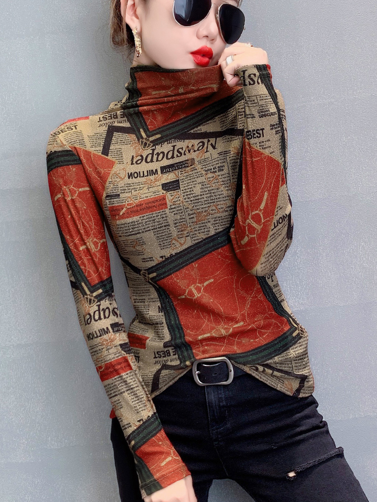 European Standing Jersey Woman Spring Autumn New High Neckline Printed T-shirt Long Sleeves Inner Hitch Blouse Foreign Pie Mesh Yarn Knitwear