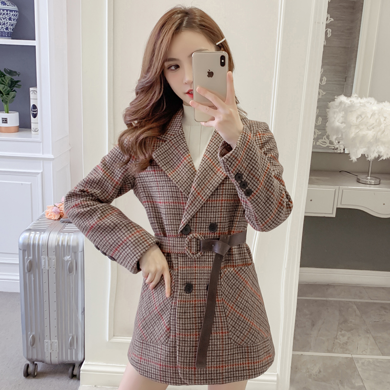 Korean houndstooth blazer women's mid-length version 2020 new autumn and winter fashion retro plaid nizi coat