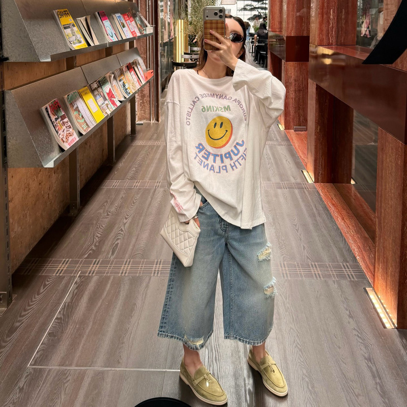 Co! Mskin6 Casual Versatile Letter Smiley Face Print Long-Sleeve T-Shirt for Women, Summer Loose and Comfortable Sun Protection Tee