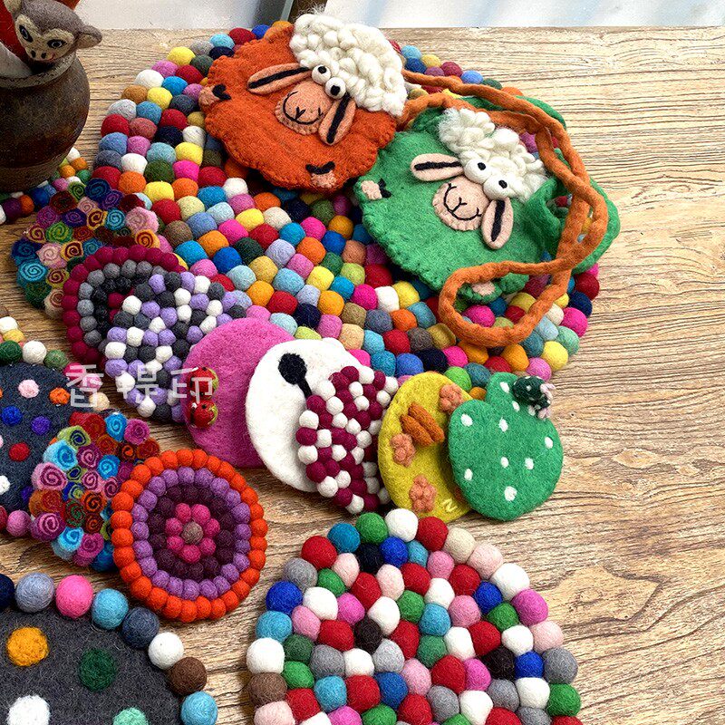 Nepal cute hairball ball wool felt coaster cartoon pen set table top ornament place mat insulation pad pot pad small bag