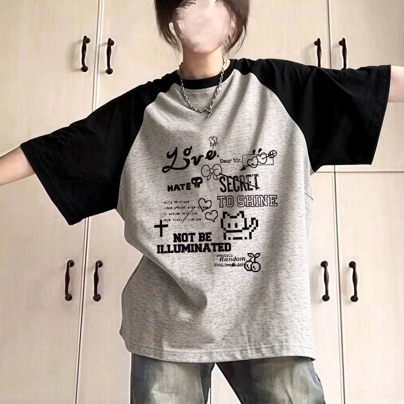 American Retro Raglan Short-Sleeve Women's Summer New Loose Graffiti Cat Light Subculture T-Shirt Patchwork Top ins