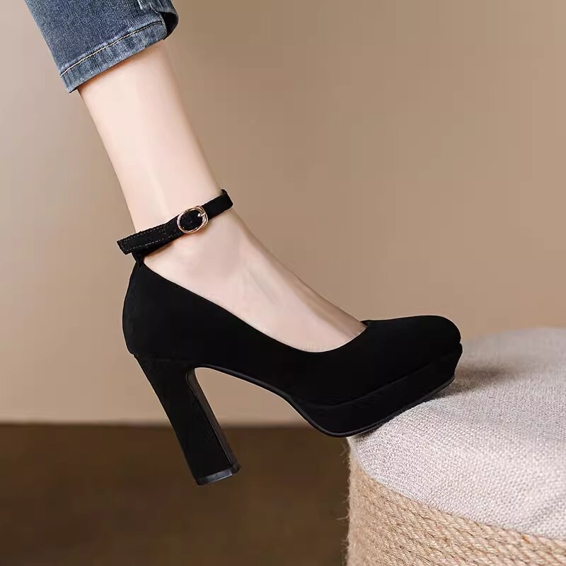 One-Strap Round-Toe Chunky Heel Platform High Heels Women's Square-Toe Genuine Leather Cheongsam Runway Thick-Soled Shallow Single Shoes Black