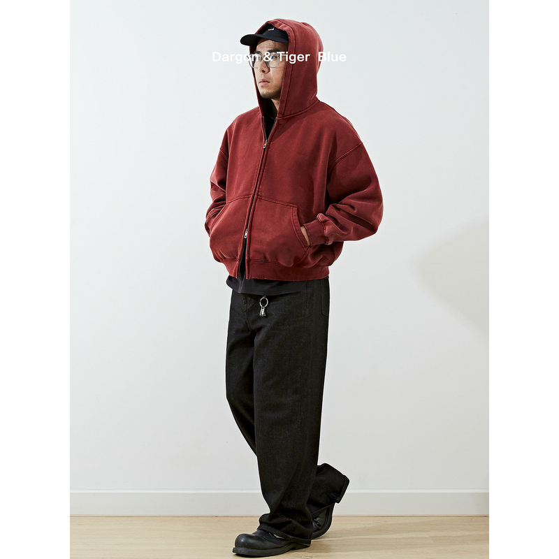 Boxy Short and Wide Washed Vintage American Cleanfit Couple Style Heavyweight Fleece-Lined Hooded Sweatshirt Jacket for Men Boxy Short and Wide Washed Vintage American Cleanfit Couple Style Heavyweight Fleece-Lined Hooded Sweatshirt Jacket for Men