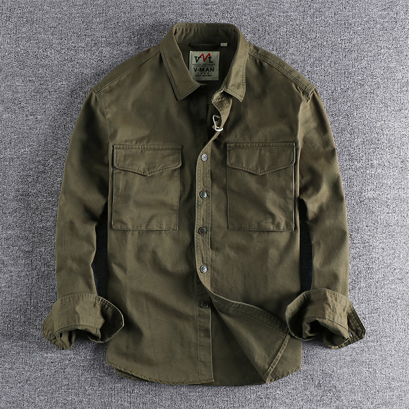 2025 Autumn New Vintage Washed Solid Color Work Shirt for Men with Three-Dimensional Pockets, Trendy Loose Jacket