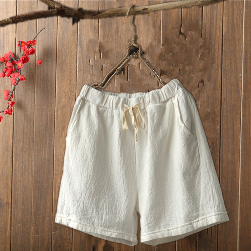 Văn học quần short vải lanh nữ mùa hè mới hoang dã rộng chân đàn hồi eo quăn lỏng kích thước lớn chất béo mm bông quần quần áo nữ mùa hè đẹp
