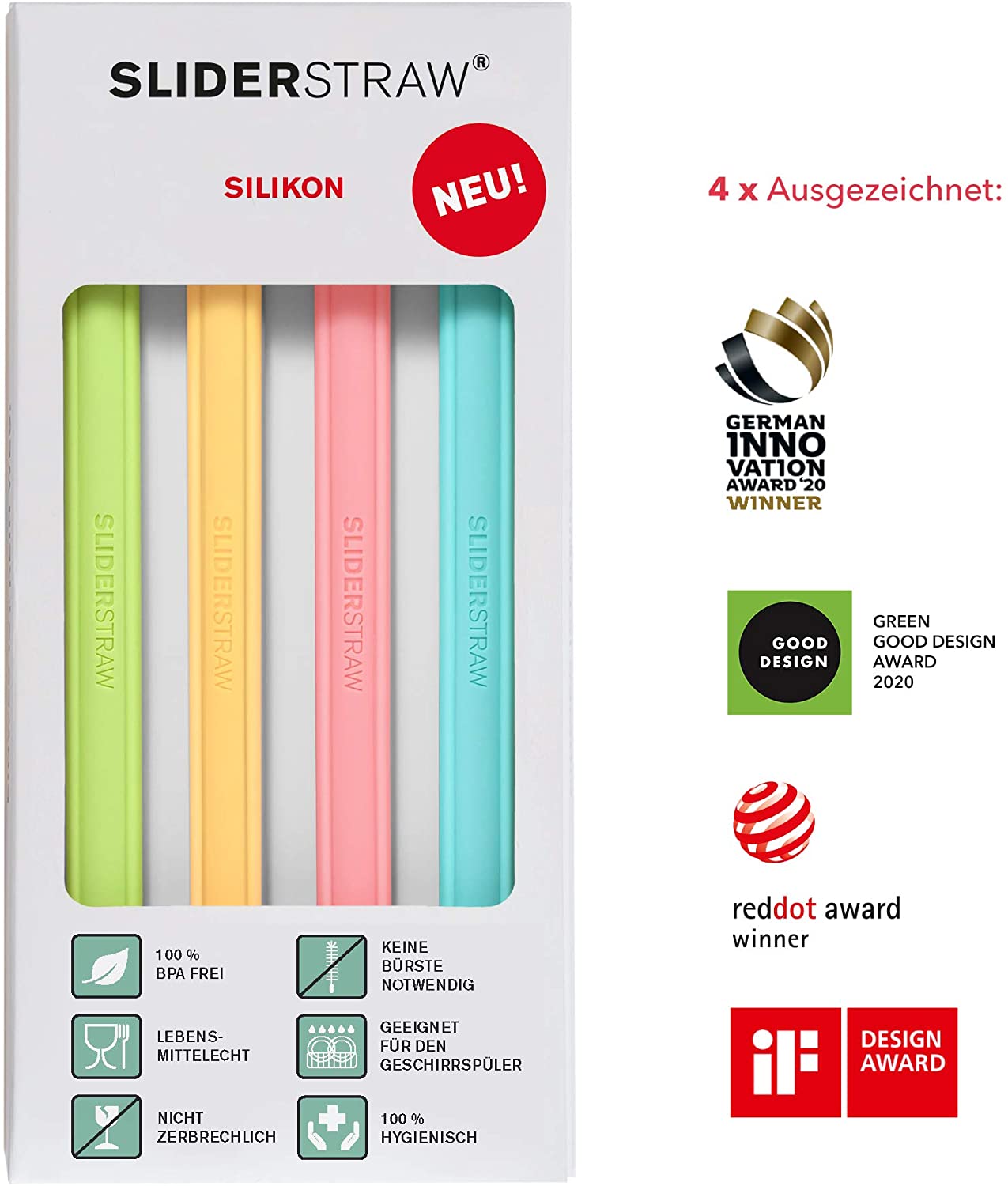 German SLIDERSTRAW Detachable Silicone Straw 4 Color Red Dot Awards Awards Without Brush