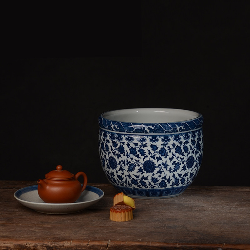Jingdezhen blue and white porcelain water vase with twine pattern large wash Kung Fu tea set accessories tea with holding tea to wash flower POTS