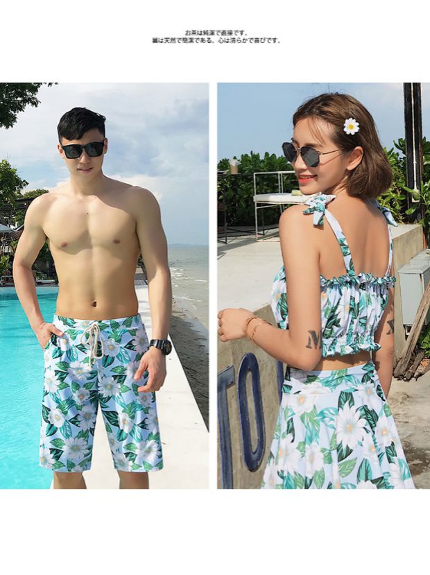 Cặp đôi đồ bơi nữ bikini mới ba mảnh bảo thủ che bụng kỳ nghỉ bên bờ biển quần nam quần bơi mới - Vài đồ bơi đồ đôi đi biển 2020
