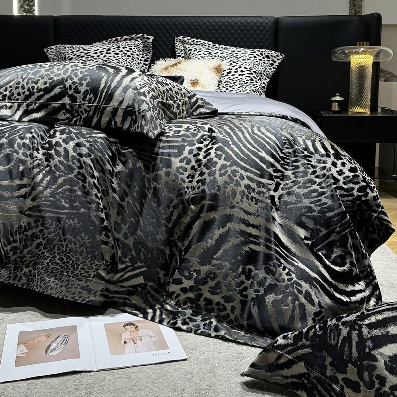 Italian-Style High-End Jacquard Four-Piece Set, Pure Cotton Duvet Cover, Bed Sheet, Bedding, Black and Gold Leopard Print