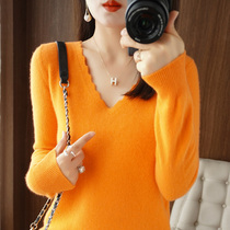 (Off Season Clearance) Autumn and Winter Cashmere Sweater Womens V-neck Pullover Loose Contrast Color Long Sleeve Sweater Large Size Knit Bottoming
