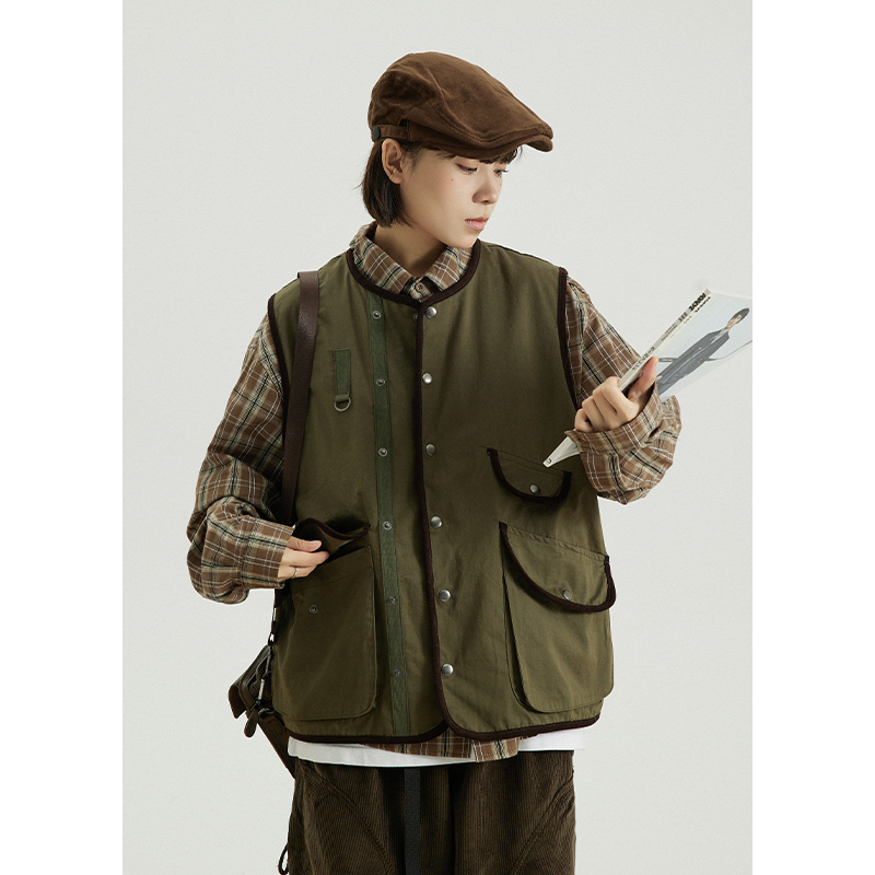 Goodnorth Japanese Retro Workwear Vest Unisex Loose Fit Multi-Pocket Vest Jacket