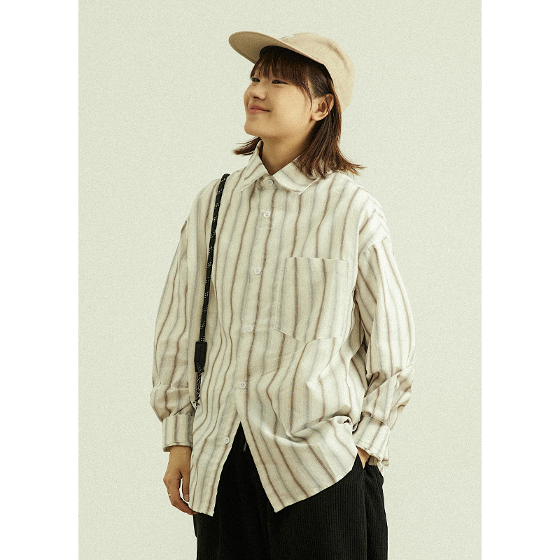 Goodnorth Autumn Long-Sleeved Shirt, Unisex, Retro Color-Blocked Striped Shirt, Loose Thin Top