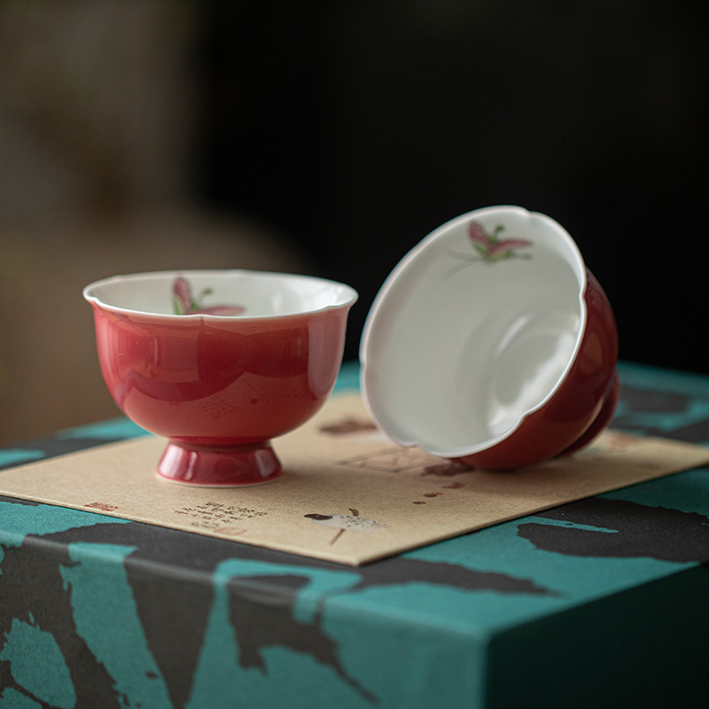 Rouge Red Master Cup Glazed with Painted Butterfly Handmade Tea Cup Kung Fu Tea Cup Single Cup Kongfu Tea House Tea House-Taobao